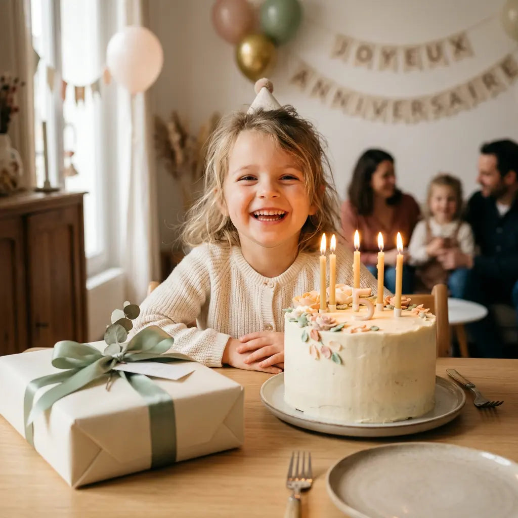 Enfant souriant devant un gâteau d’anniversaire et un cadeau élégamment emballé avec un ruban
