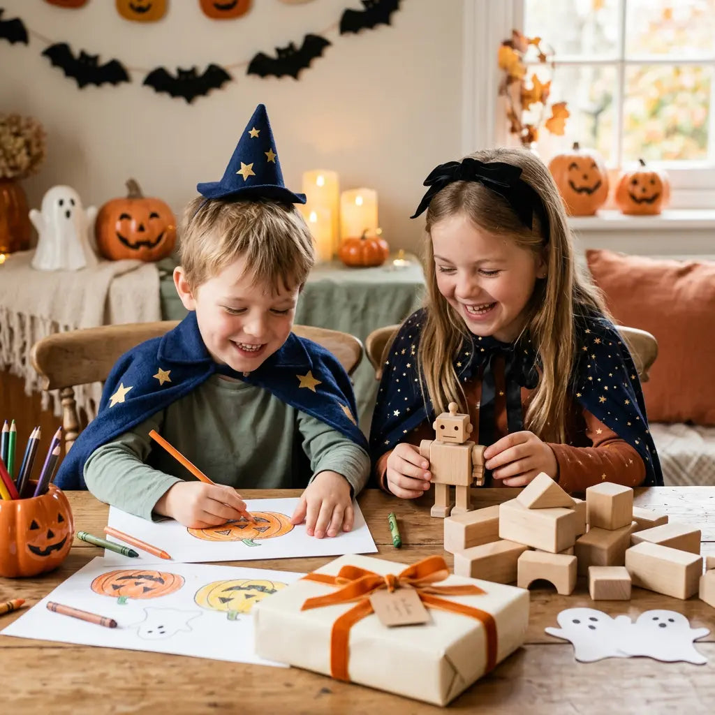Enfants souriants autour de jouets et de dessins créatifs, avec un cadeau emballé et des citrouilles dans un décor Halloween chaleureux