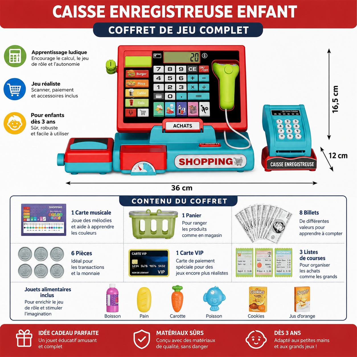Caisse enregistreuse enfant avec calculatrice, scanner et accessoires ShopPlay - Petit Curio