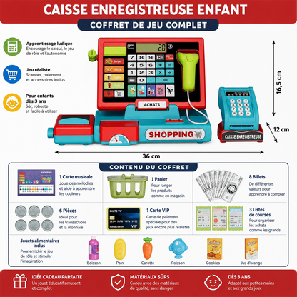 Caisse enregistreuse enfant avec calculatrice, scanner et accessoires ShopPlay - Petit Curio