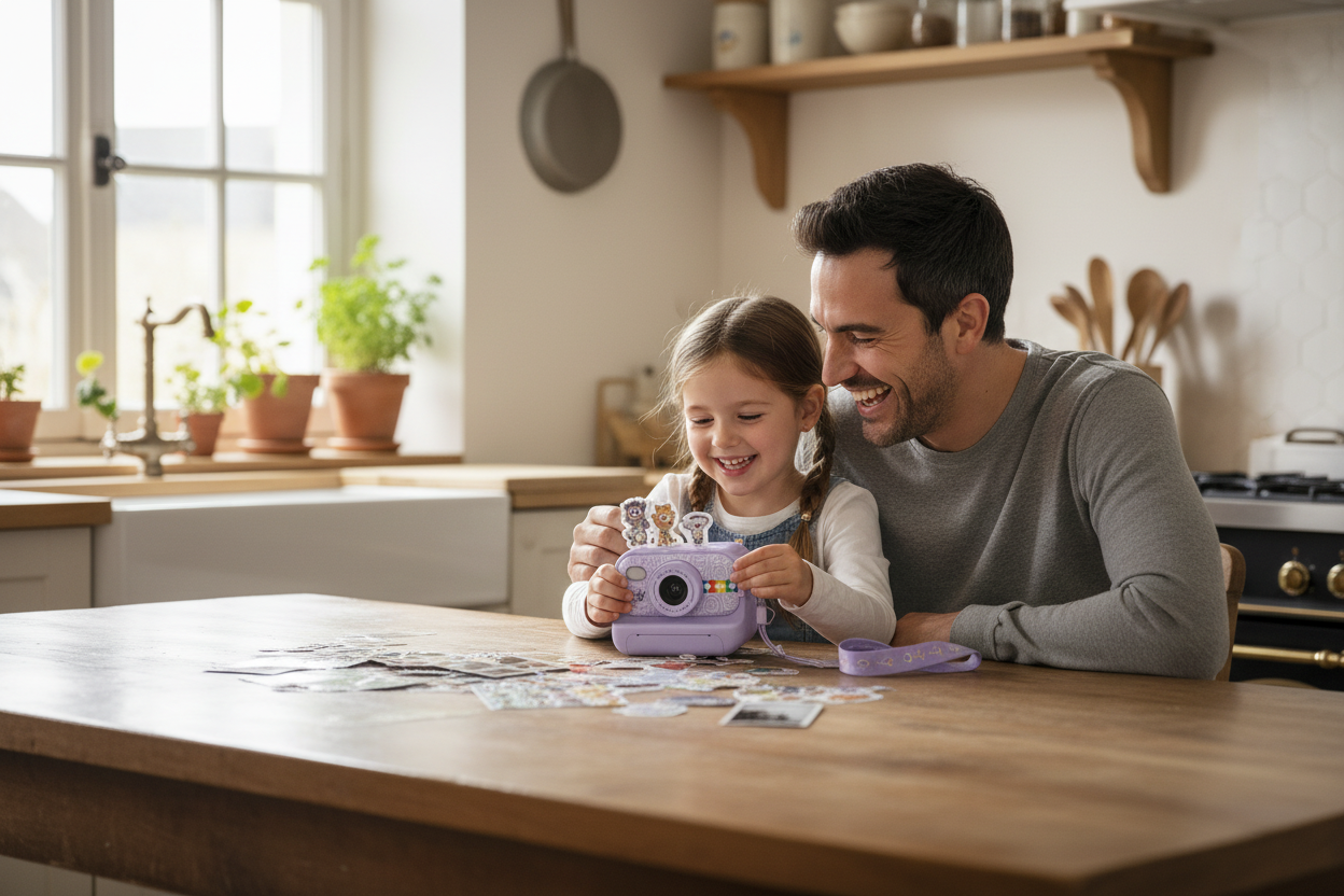 Camille et son papa avec l'appareil photo instantané violet