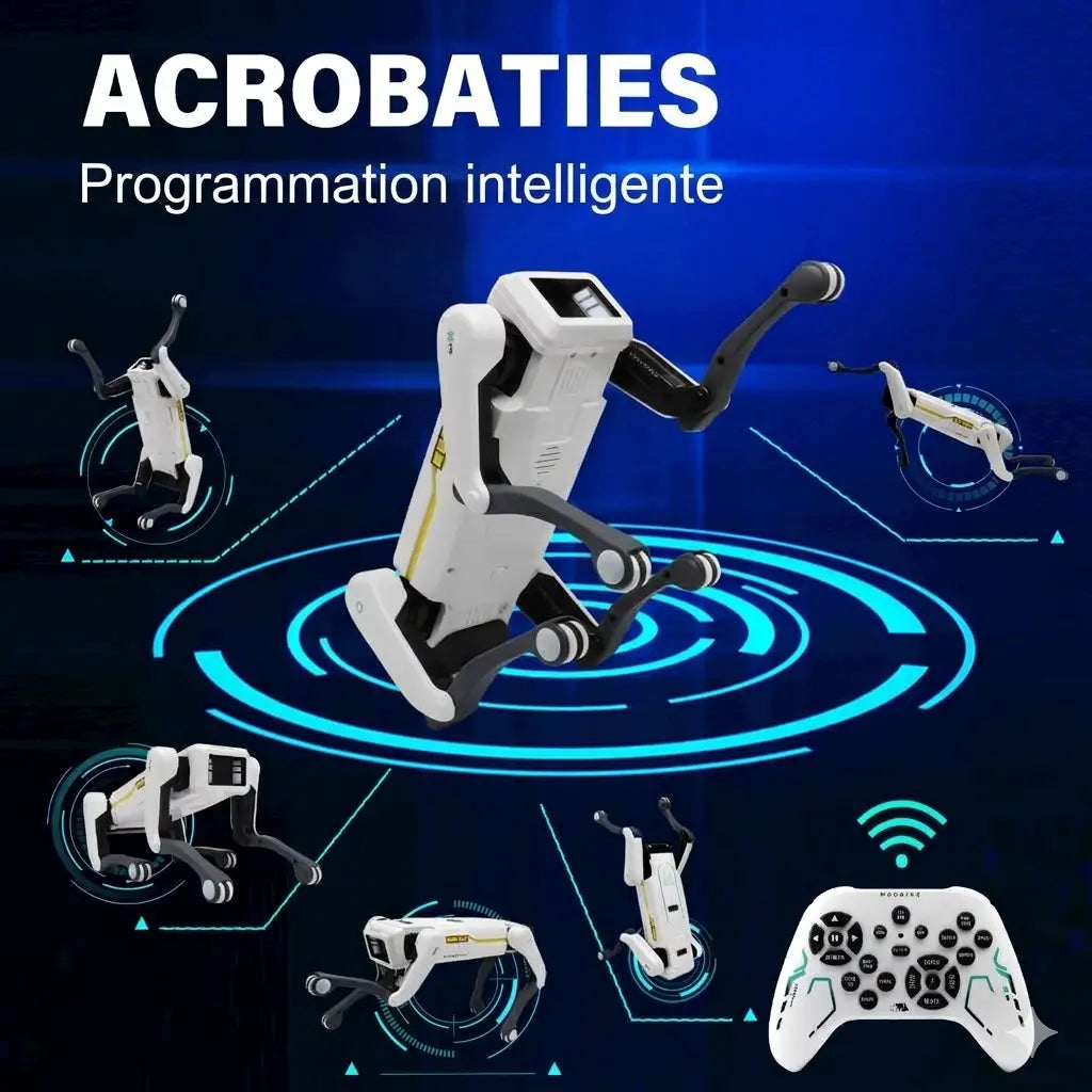 Chien robot blanc effectuant des mouvements acrobatiques avec une télécommande visible
