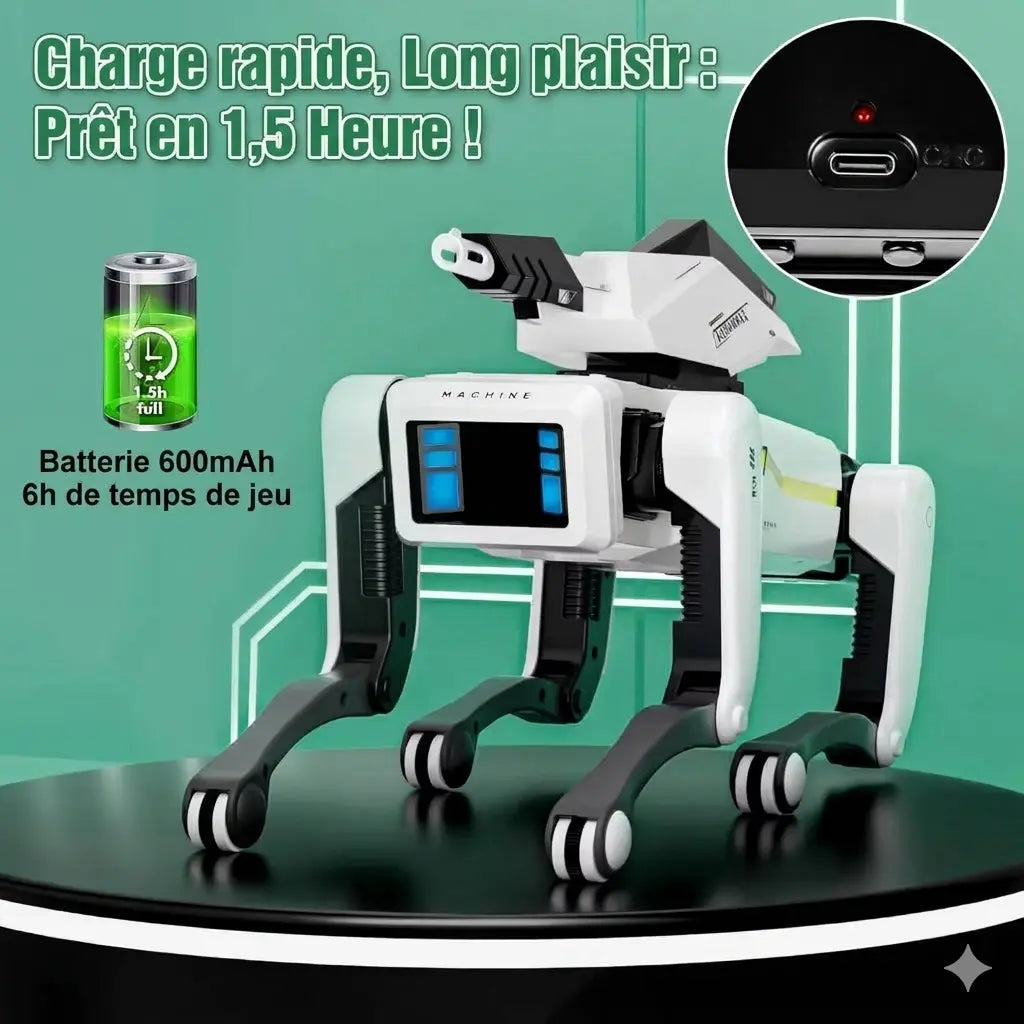 Chien robot blanc avec un zoom sur son port USB-C et son indicateur de batterie