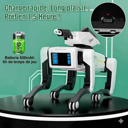 Chien robot blanc avec un zoom sur son port USB-C et son indicateur de batterie