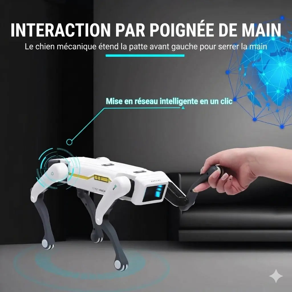 Chien robot blanc levant une patte vers une main pour simuler une poignée de main