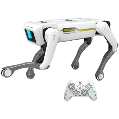 MécaPitou™, chien robot mécanique blanc présenté avec sa télécommande
