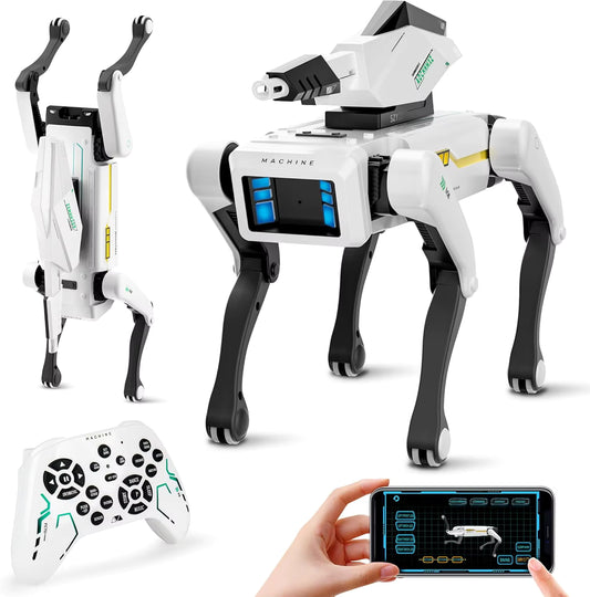 MécaPitou™, chien robot mécanique blanc présenté sur ses quatre pattes