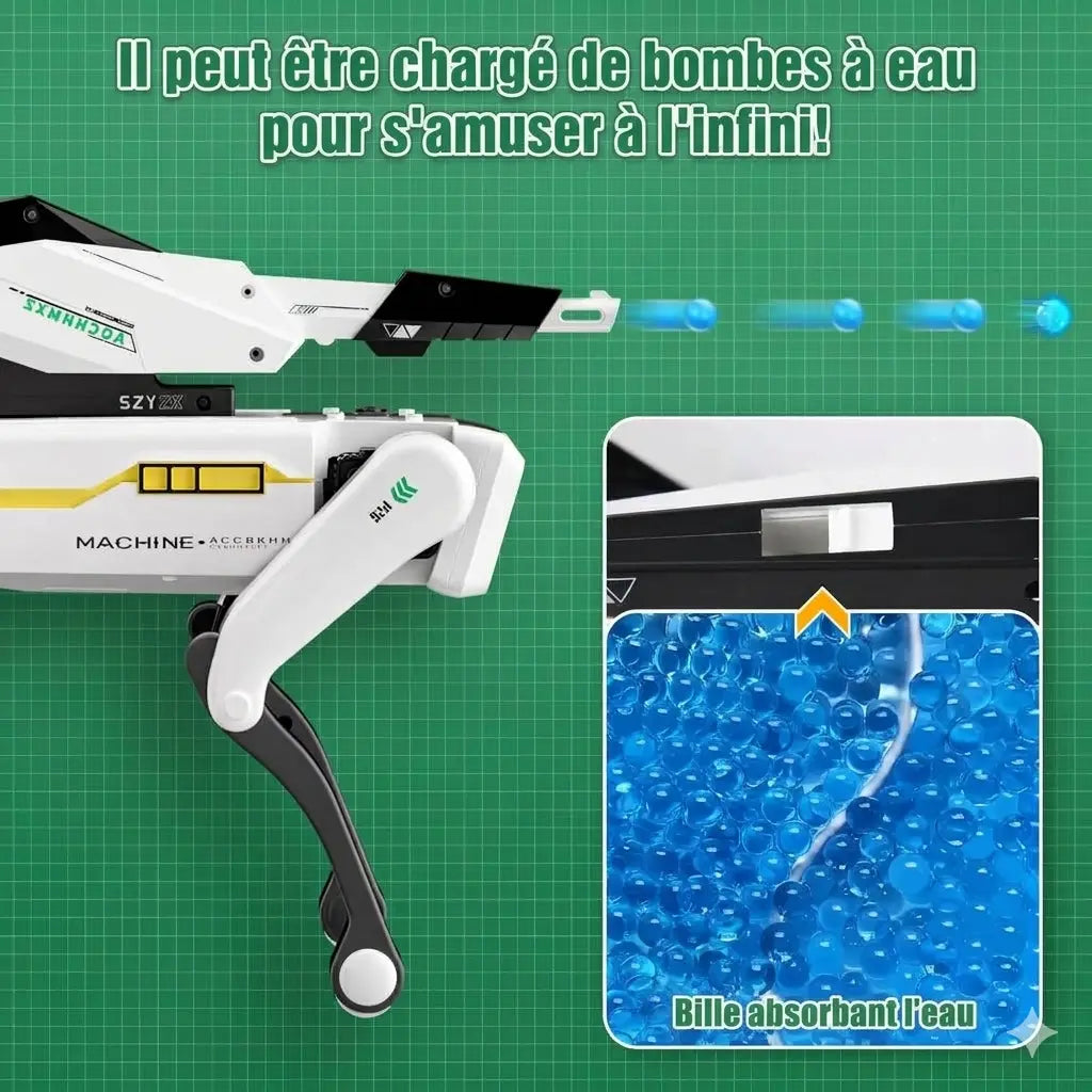 Chien robot blanc avec lance bombes à eau, amusement à l'infini