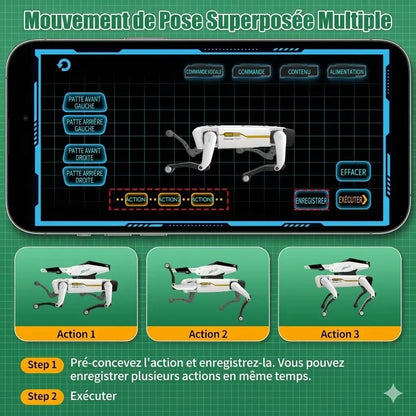 Écran de smartphone montrant une séquence de mouvements programmés pour un chien robot