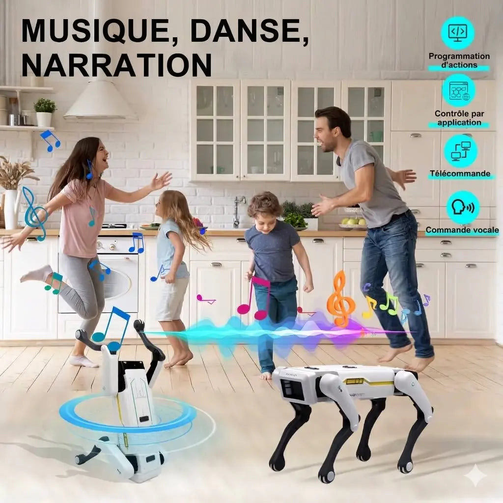 Famille dansant autour d’un chien robot blanc qui se déplace dans une cuisine