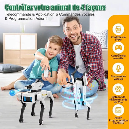 Enfant et adulte testant un chien robot blanc avec une télécommande dans un salon