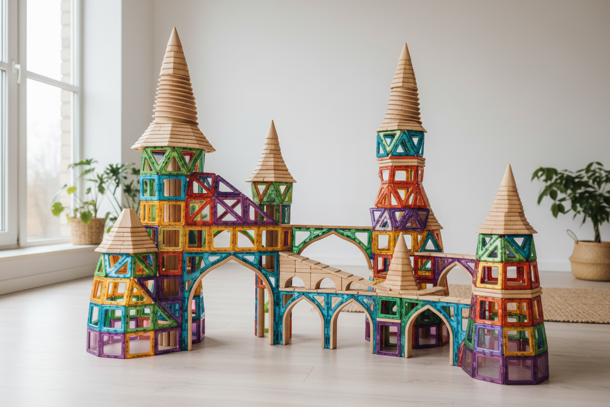 Construction complexe — château avec tuiles magnétiques et blocs en bois
