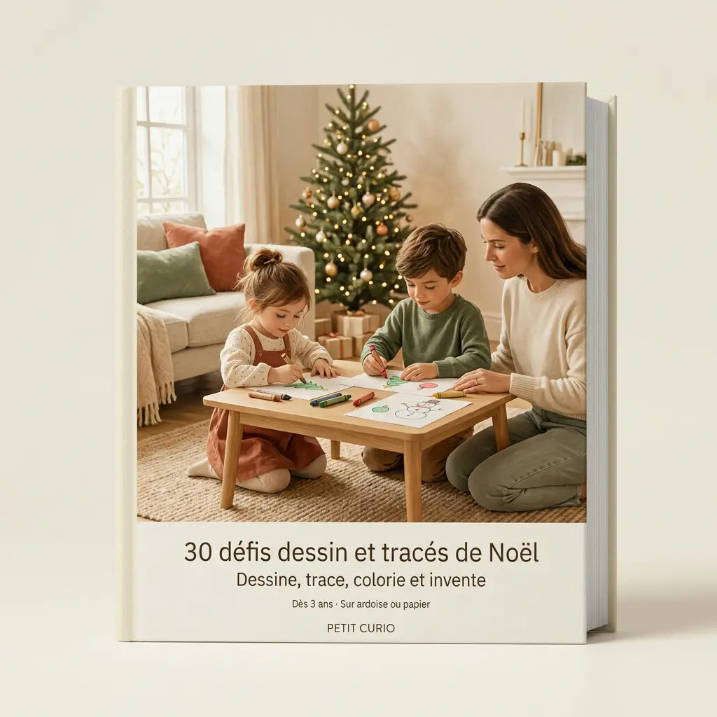 Couverture de l’e-book 30 défis dessin et tracés de Noël de Petit Curio, illustrée par des enfants dessinant dans une ambiance de fêtes.