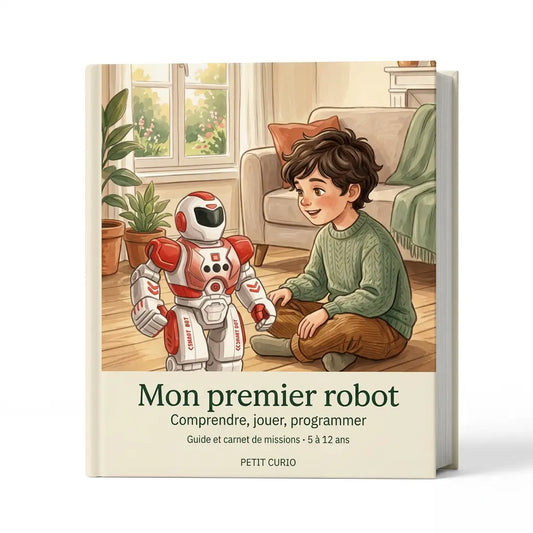 Présentation de l’ebook Mon premier robot de Petit Curio sur fond blanc, avec une couverture illustrant Léo face au robot GestBot.