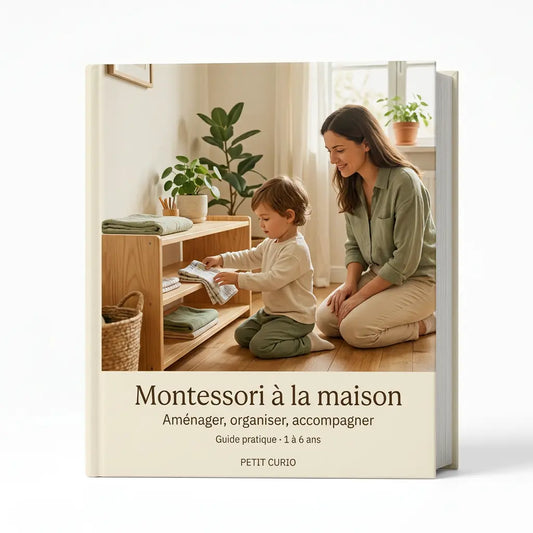 Présentation de l’ebook Montessori à la maison de Petit Curio sous forme de livre sur fond blanc, avec un enfant pliant un tissu près d’un parent.
