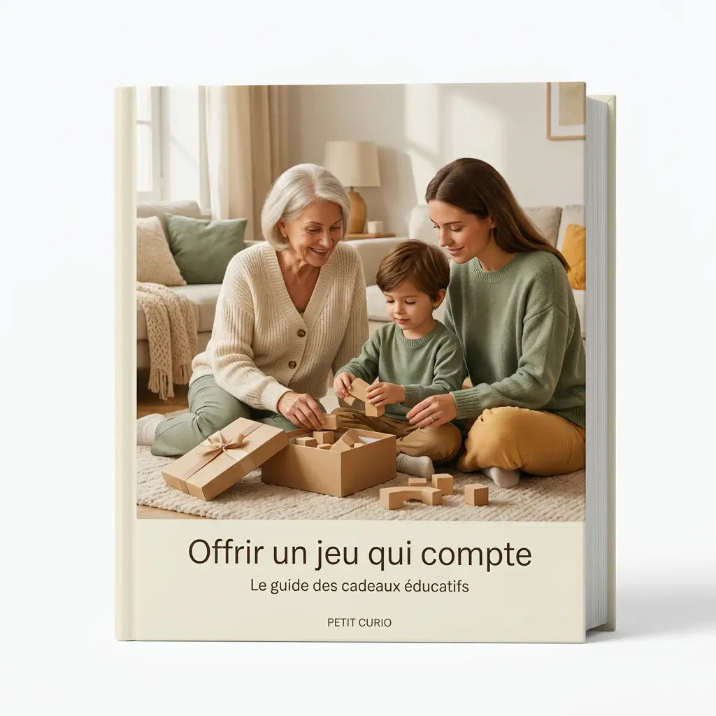 Présentation de l’ebook Offrir un jeu qui compte de Petit Curio sous forme de livre sur fond blanc, avec une scène familiale autour d’un cadeau.