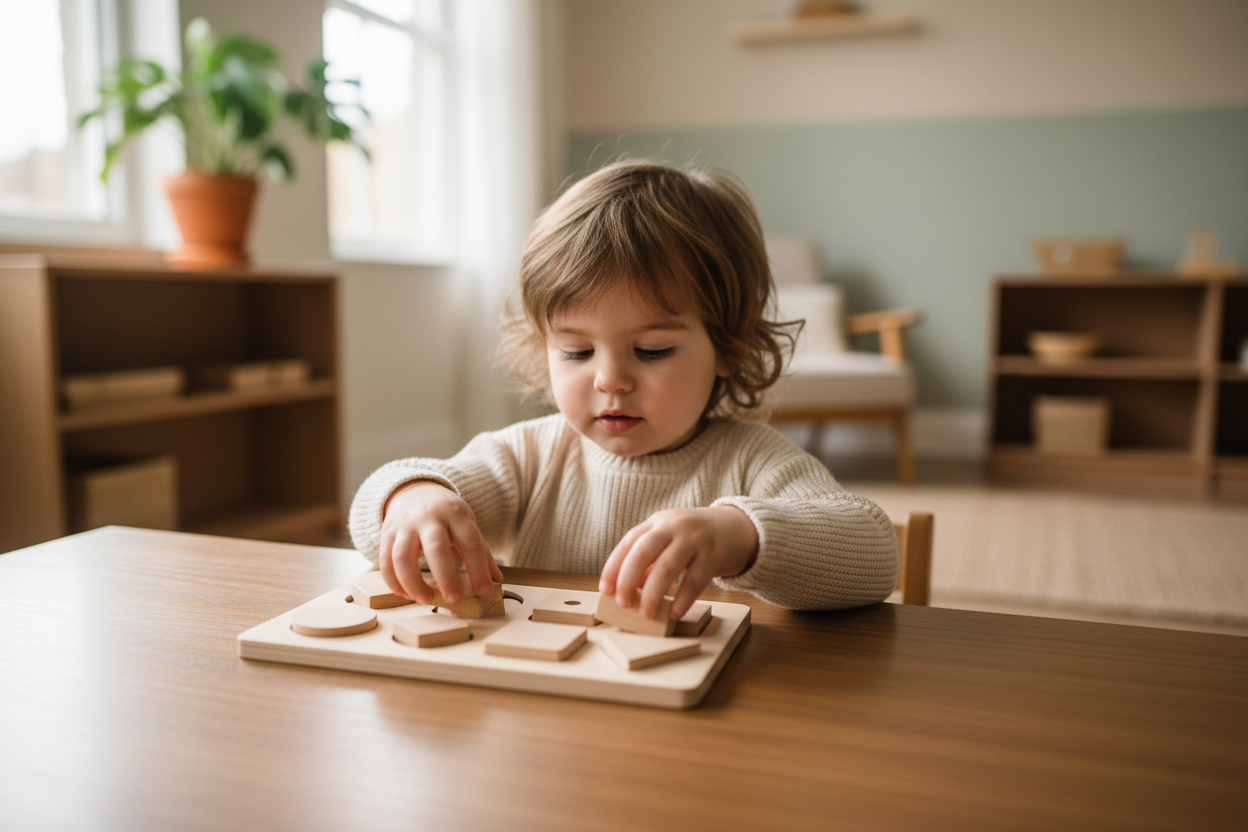 Enfant concentré sur un jeu Montessori