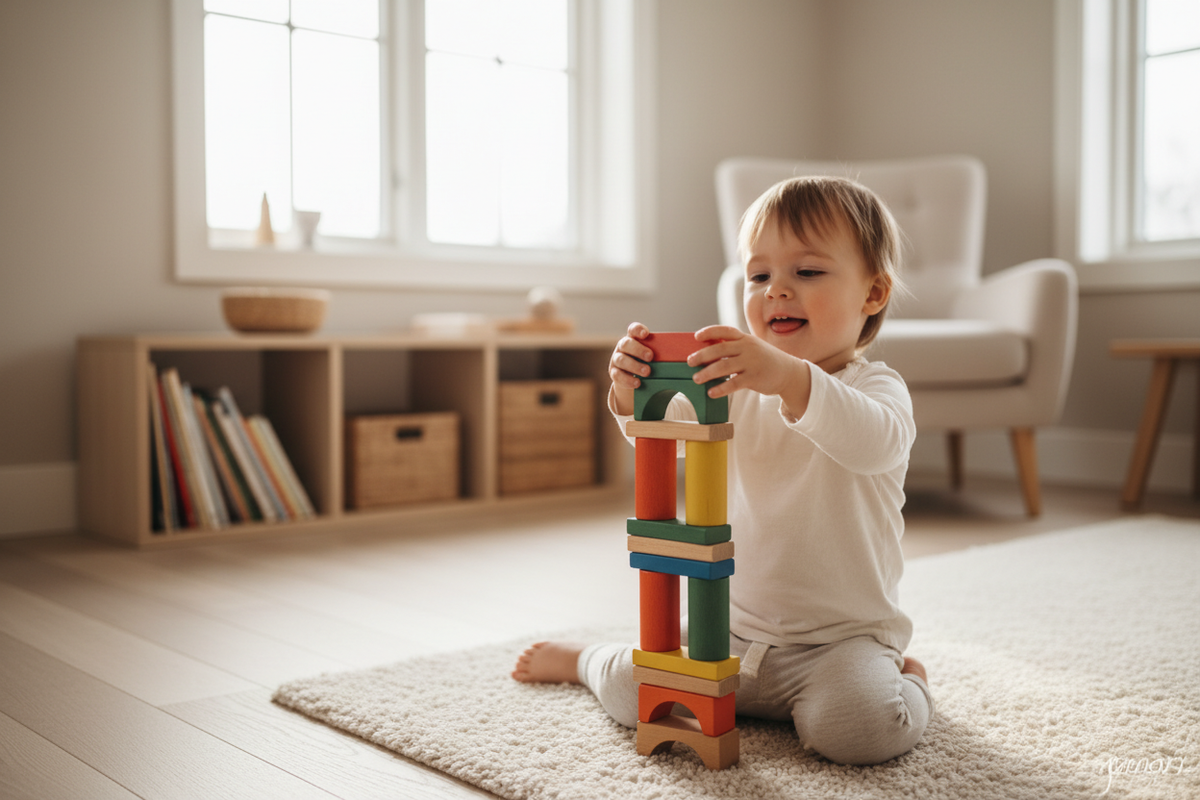 Enfant construisant une structure avec des blocs en bois