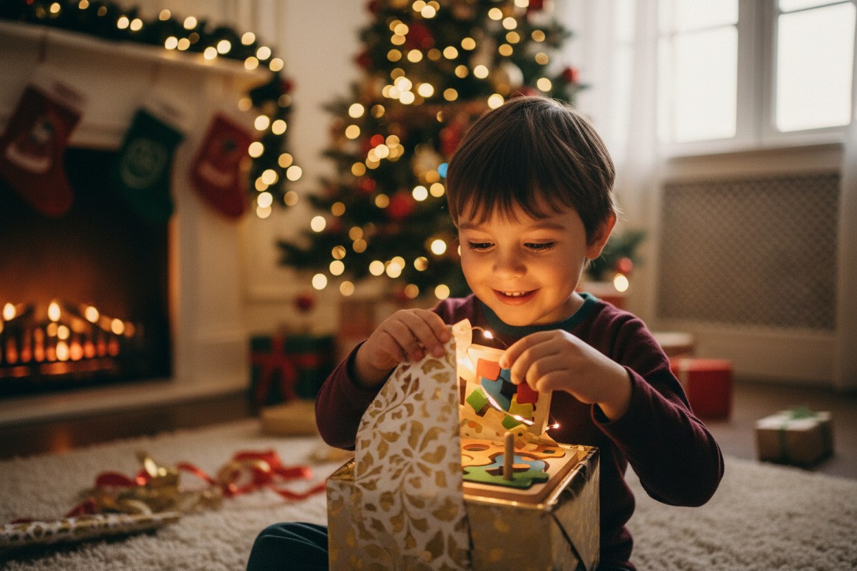Enfant déballant un cadeau – magie de Noël