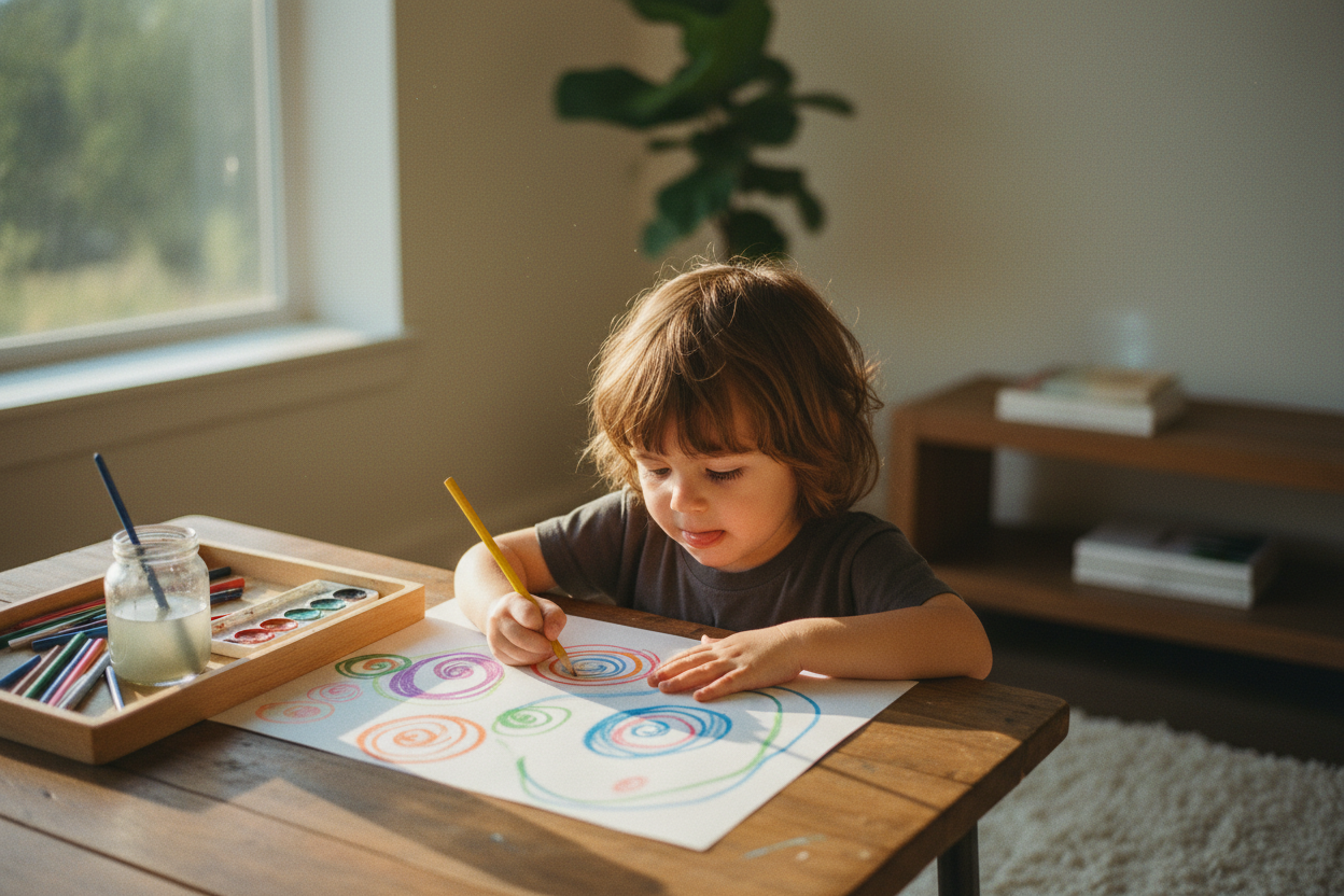 Enfant dessinant à la table – photographie cinématique éditoriale