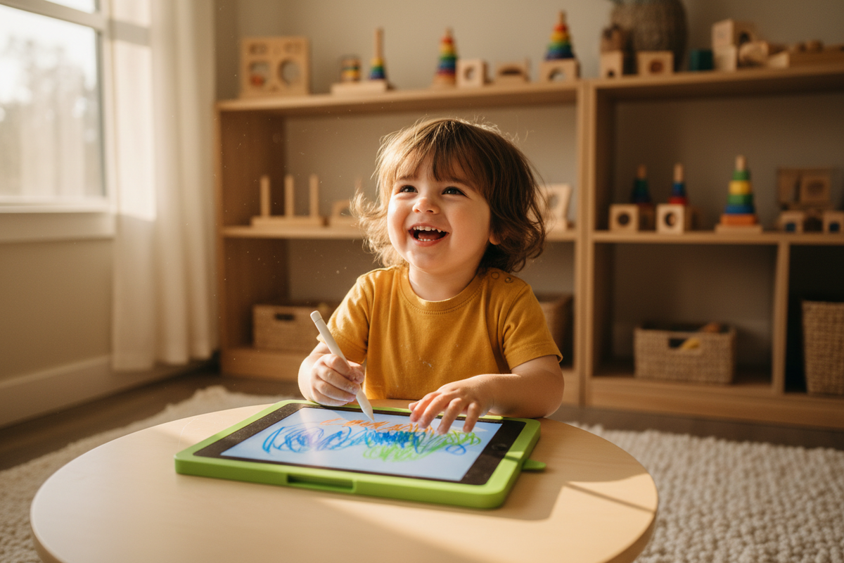 Enfant dessinant sur une ardoise magique, souriant
