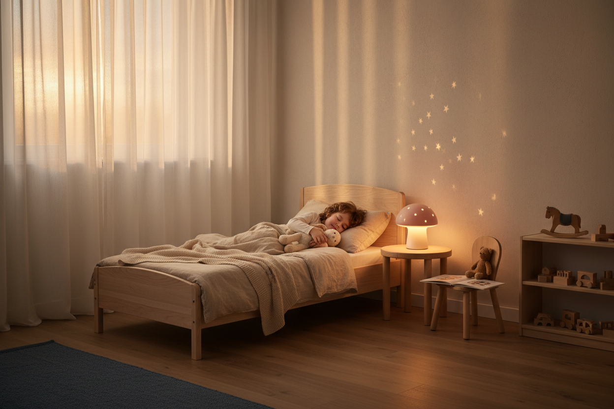 Enfant endormi chambre bois veilleuse etoiles