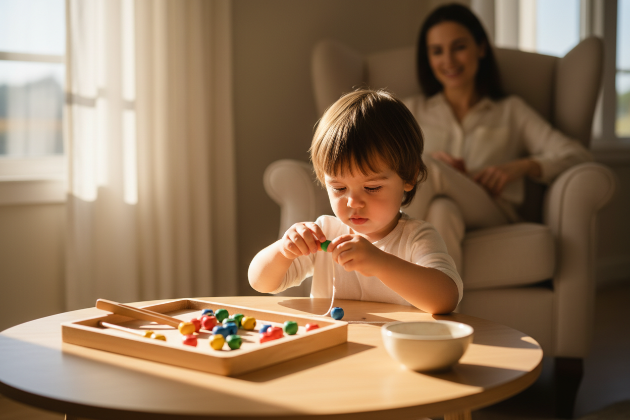 Enfant enfilant des perles — activité Montessori