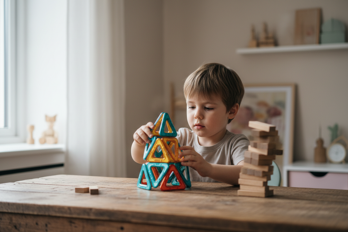 Enfant equilibre blocs bois construction magnetique