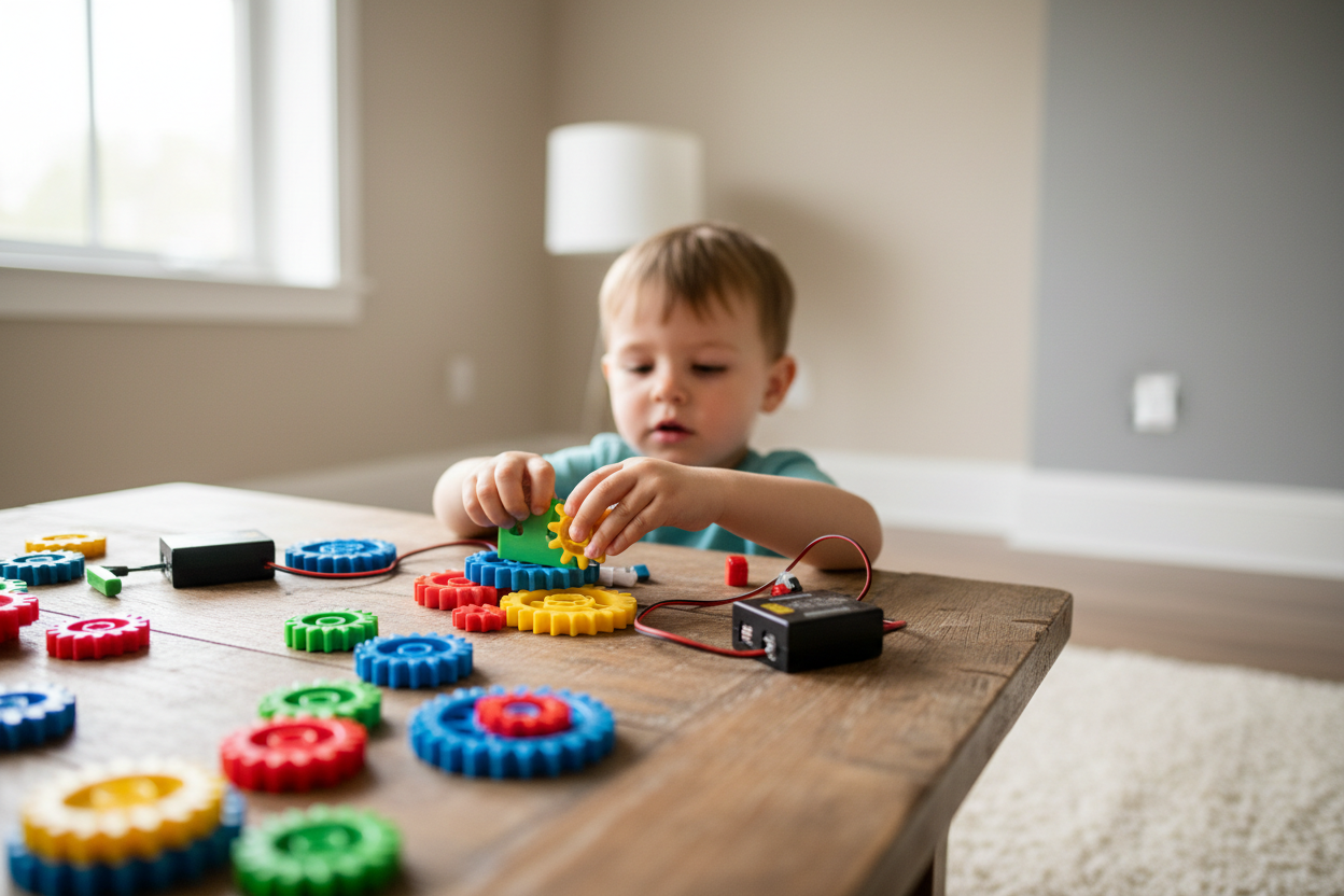 Enfant experimentant pieces STEM engrenages