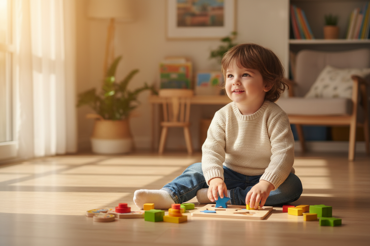 Enfant jouant avec des jouets éducatifs en bois