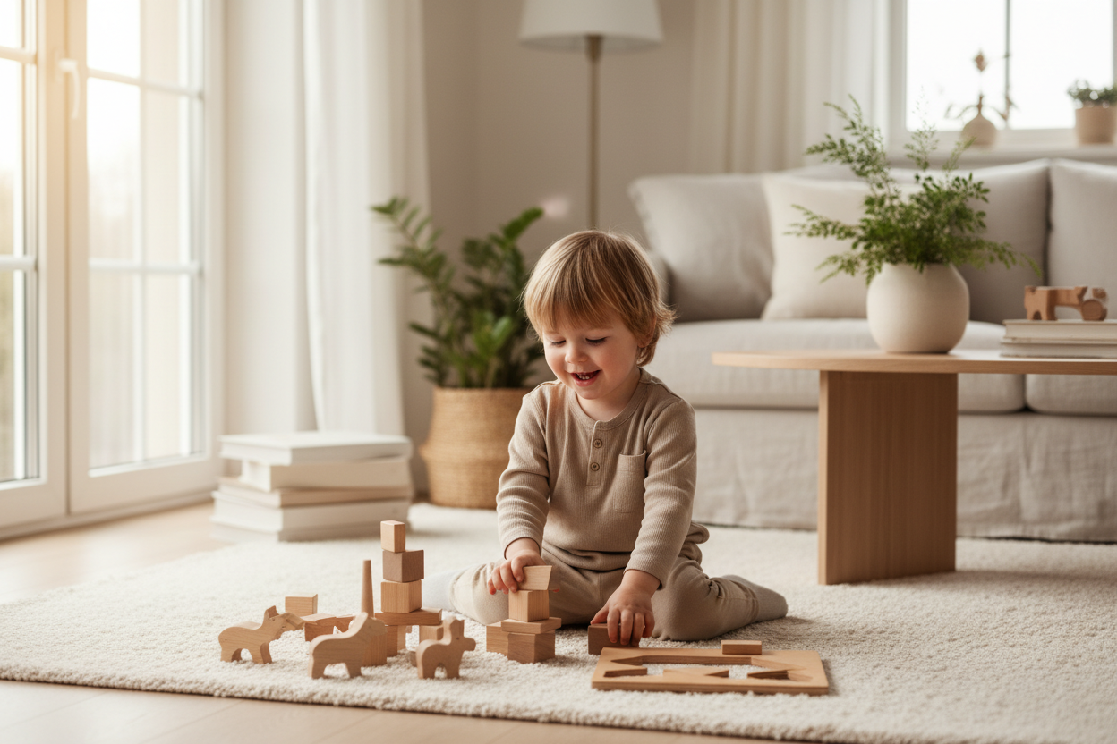 Enfant jouant avec jouets en bois sans ecran