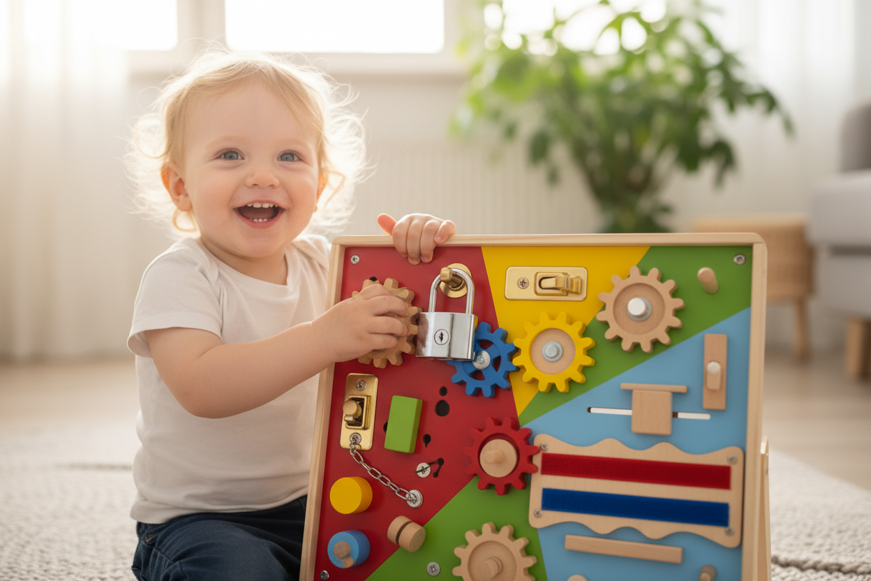 Enfant jouant avec un busy board coloré