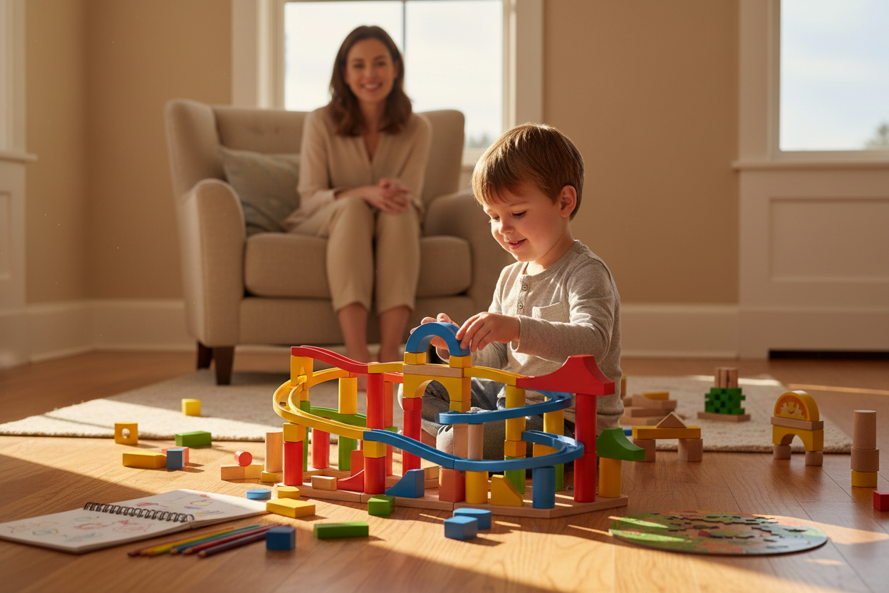 Enfant jouant avec un circuit à billes en bois – photographie éditoriale