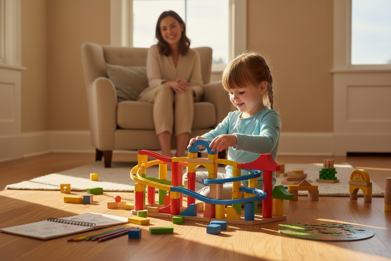 Enfant jouant avec un circuit à billes en bois – photographie éditoriale