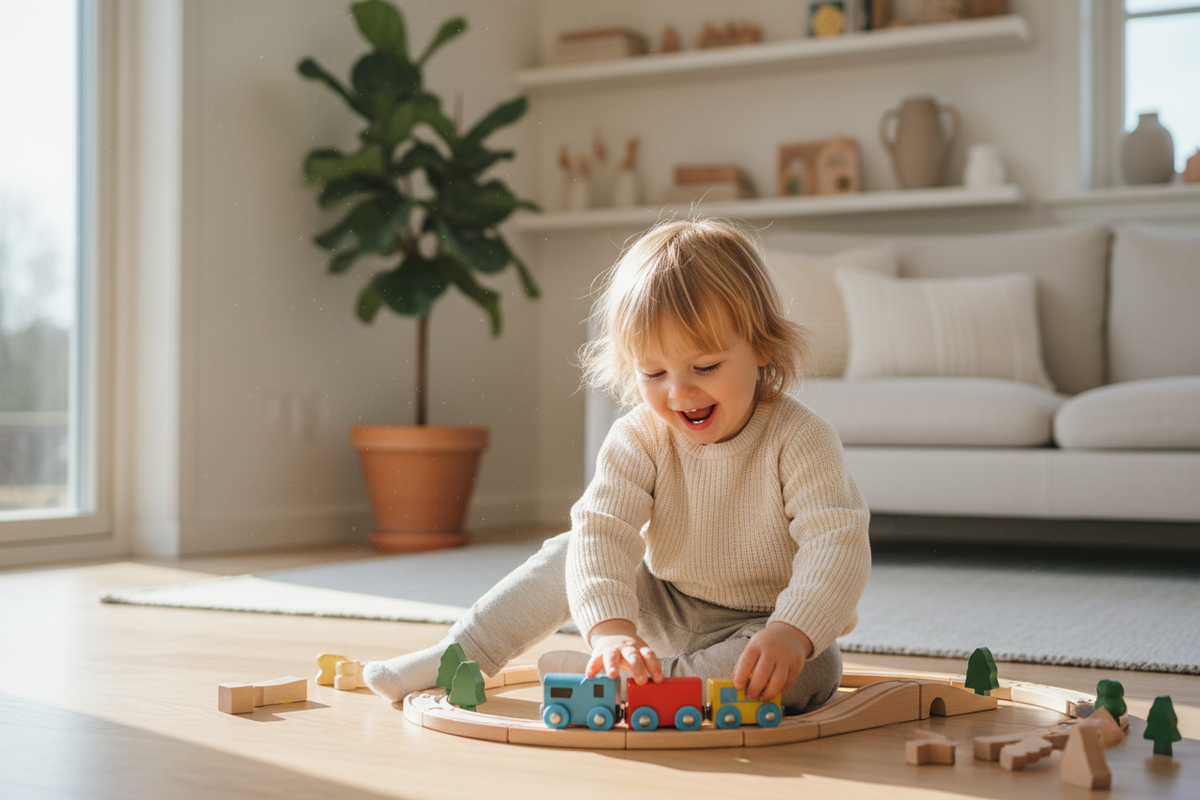 Enfant jouant avec un train en bois