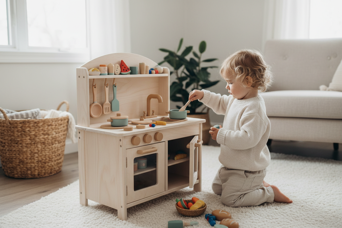 Enfant jouant à la cuisine enfant en bois