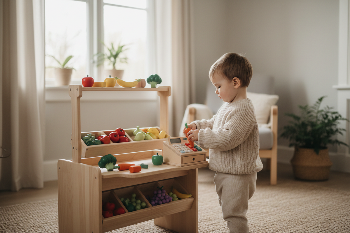 Enfant jouant à la marchande enfant en bois