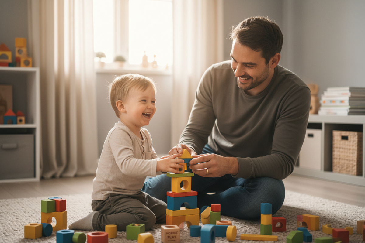Enfant joyeux jouant avec son père et des jouets éducatifs Montessori