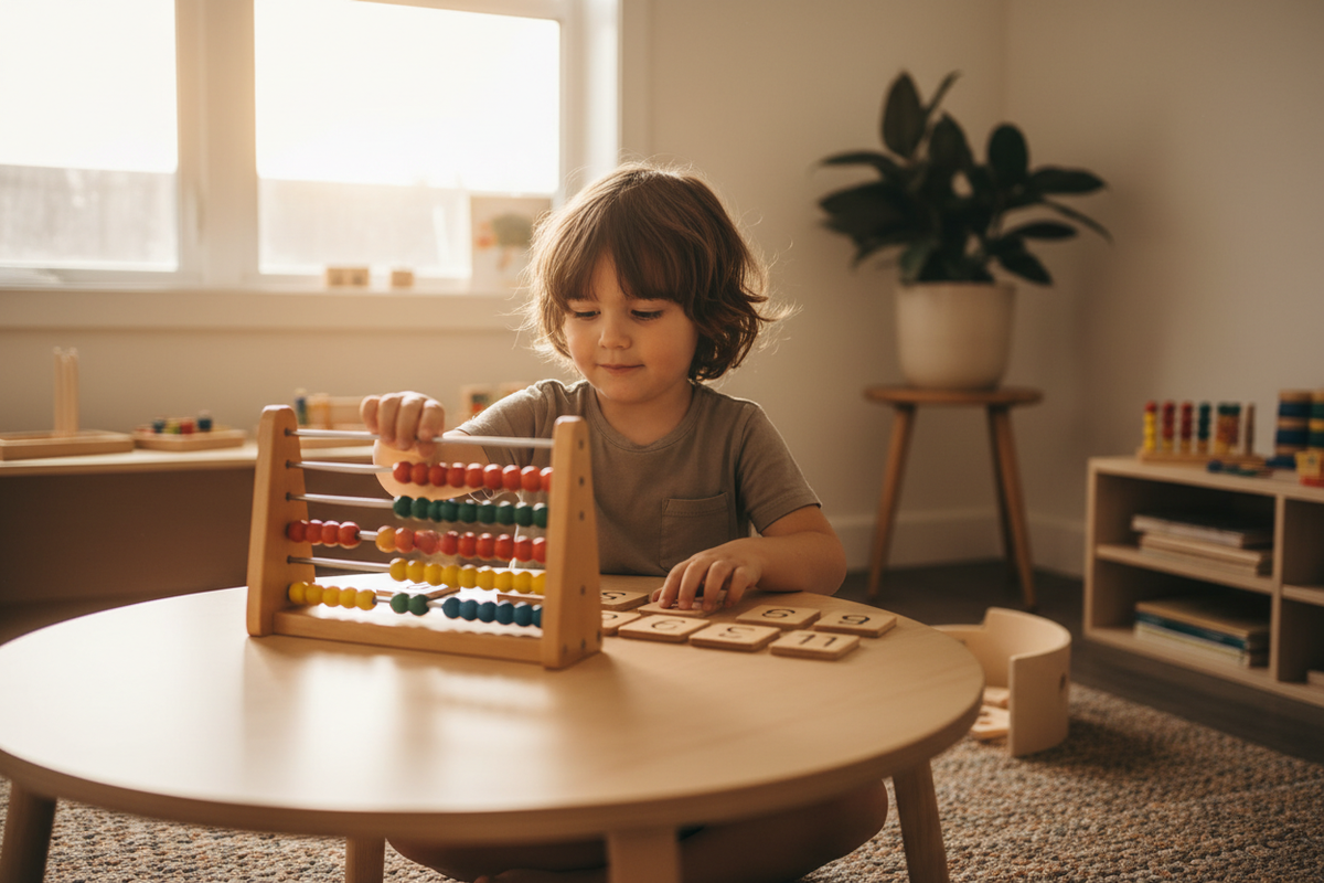 Enfant manipulant un jeu de calcul Montessori