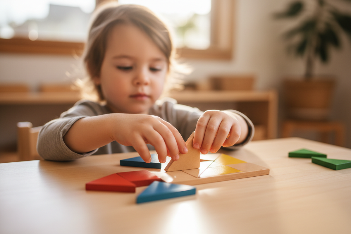 Enfant manipulant un tangram en bois