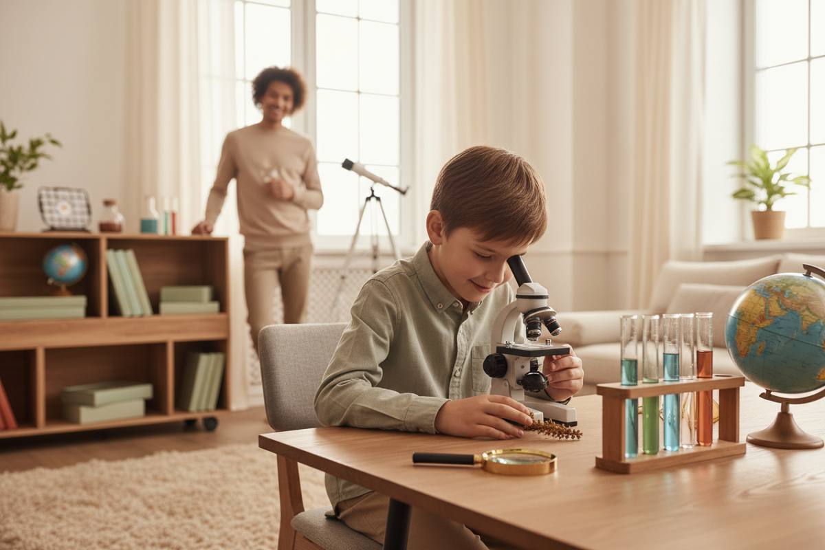 Enfant microscope laboratoire STEM photoréaliste
