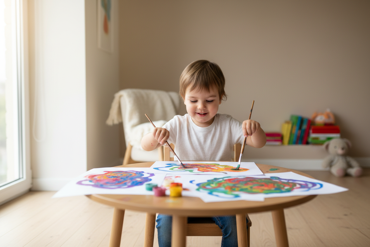 Enfant peignant à table en bois