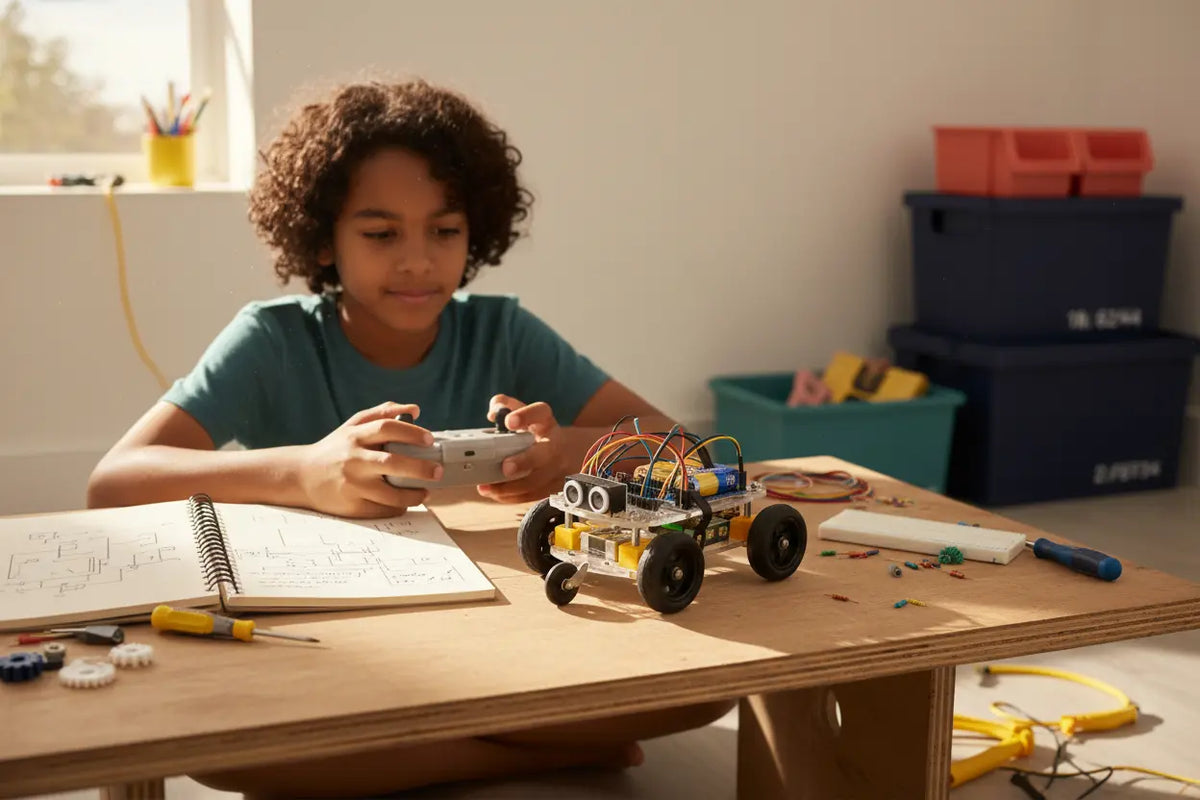 Enfant pilotant avec une télécommande une voiture robot Arduino assemblée avec moteurs, capteur et circuits électroniques