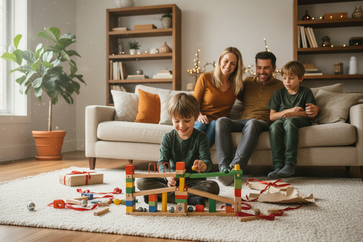Famille autour d'un jouet éducatif – moment partagé