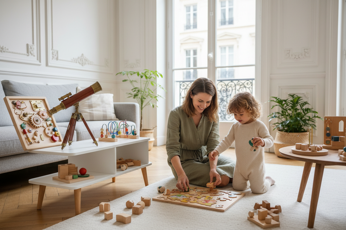 Fillette de 3 ans jouant avec sa mère dans un appartement parisien
