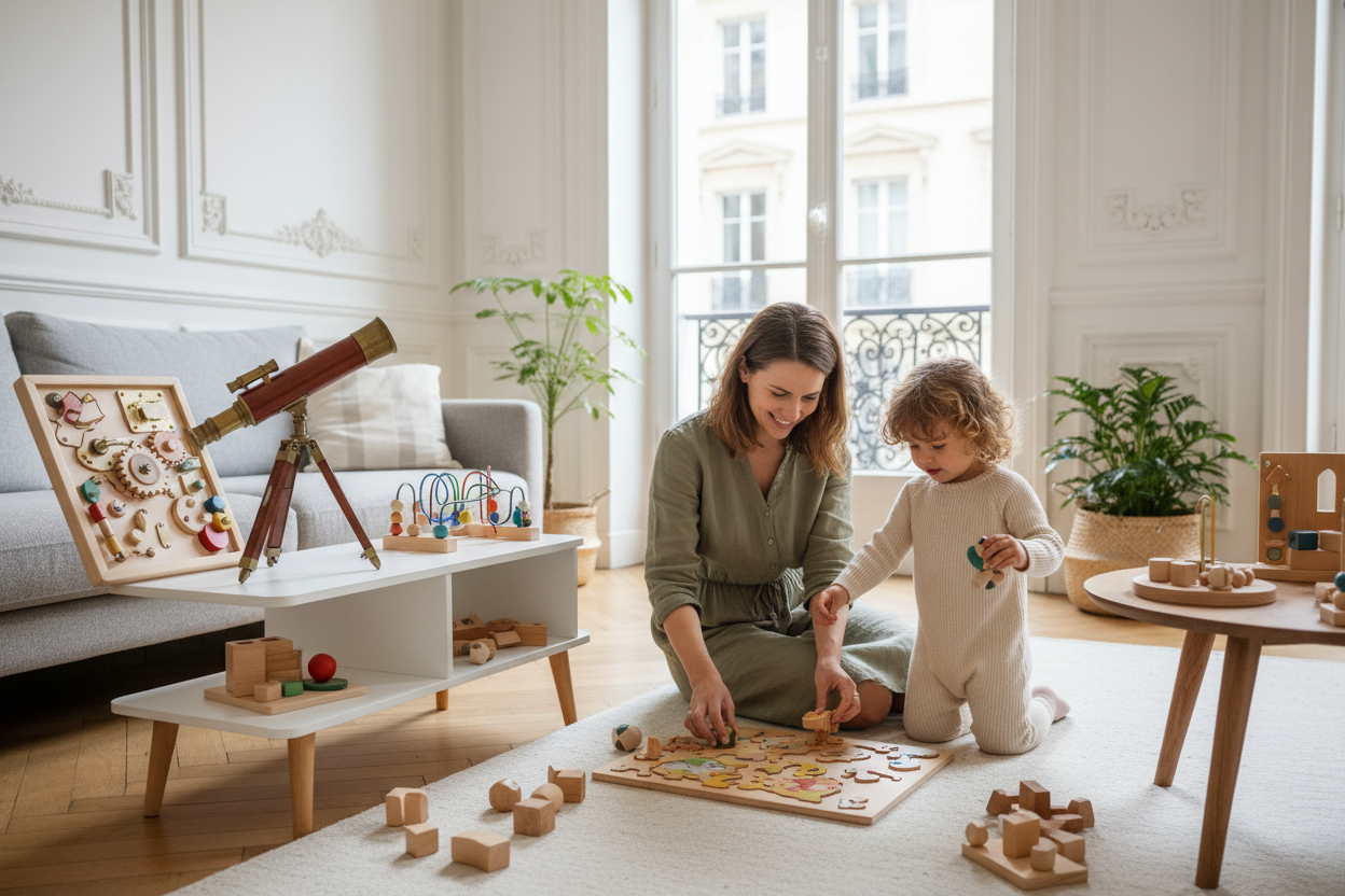 Fillette de 3 ans jouant avec sa mère dans un appartement parisien
