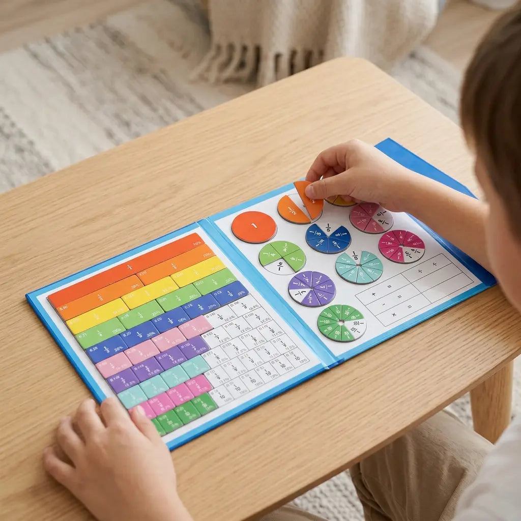 Mains d’un enfant déplaçant une pièce de fraction magnétique sur le carnet Fracti’Malin™.