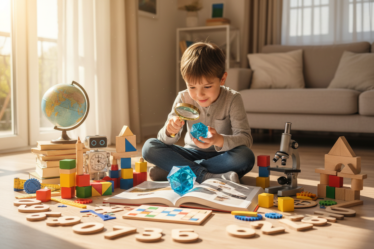 Garçon entouré de jouets STEM et maths