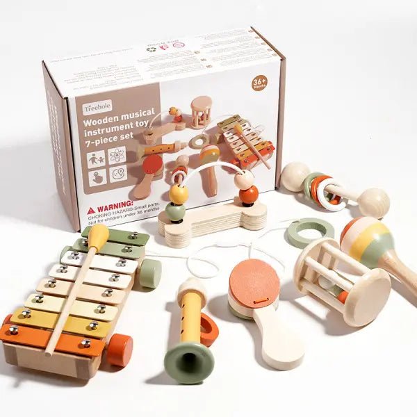 Hochet bébé en bois naturel — 7 instruments, zéro plastique, zéro écran