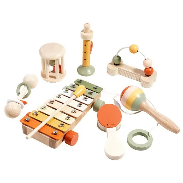 Hochet bébé en bois naturel — 7 instruments, zéro plastique, zéro écran